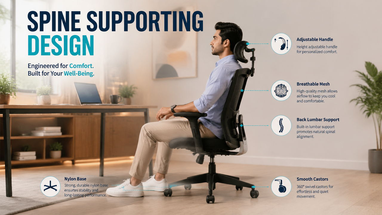ErgoCore High Back Office Chair – Back Lumbar Support, Headrest, Mesh Back, Black