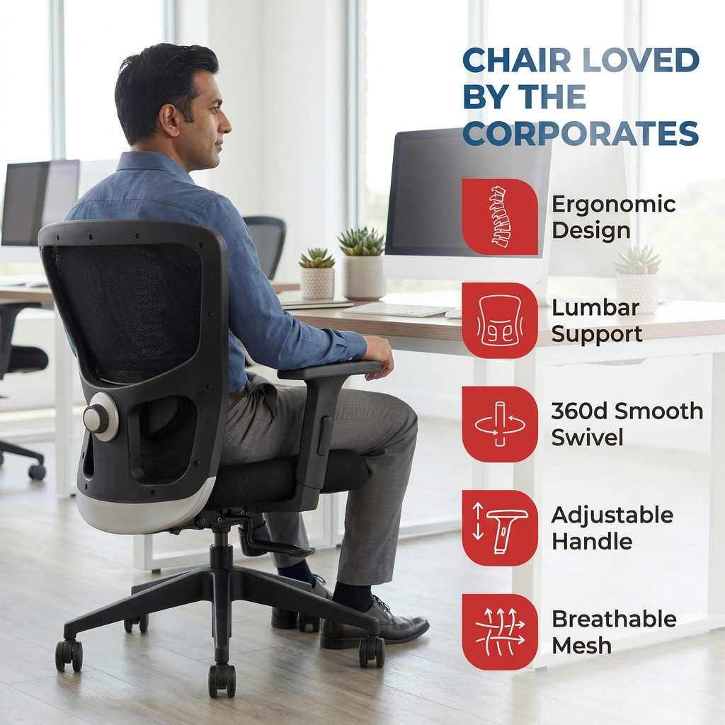 ErgoCore WFH Office Chair – Ergonomic Work From Home Mesh Chair with Lumbar Support, Black