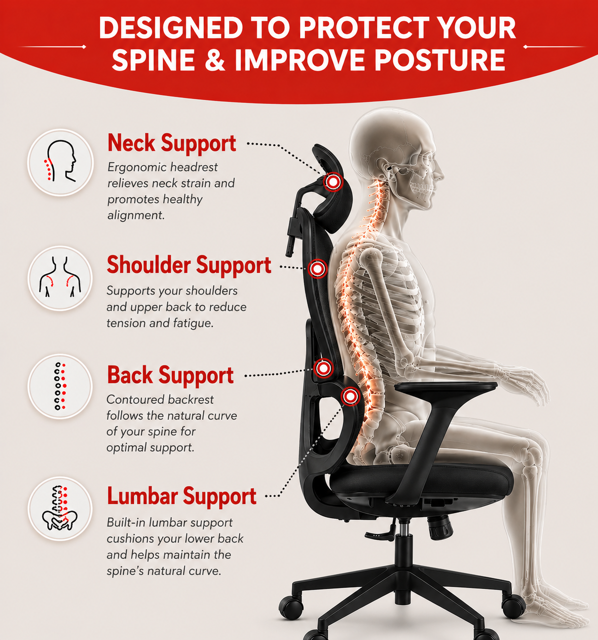 OrthoSpine M1 Ergonomic Office Chair – Adjustable Lumbar & Posture Support, Mesh Back, Black